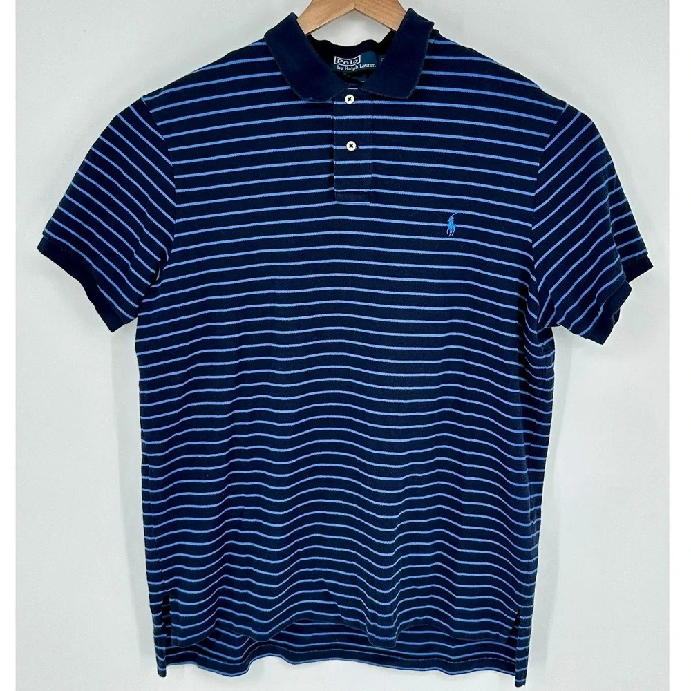 Polo Ralph Lauren Mens XXL Custom Fit Navy Blue Striped‎ Short Sleeve Polo Shirt
